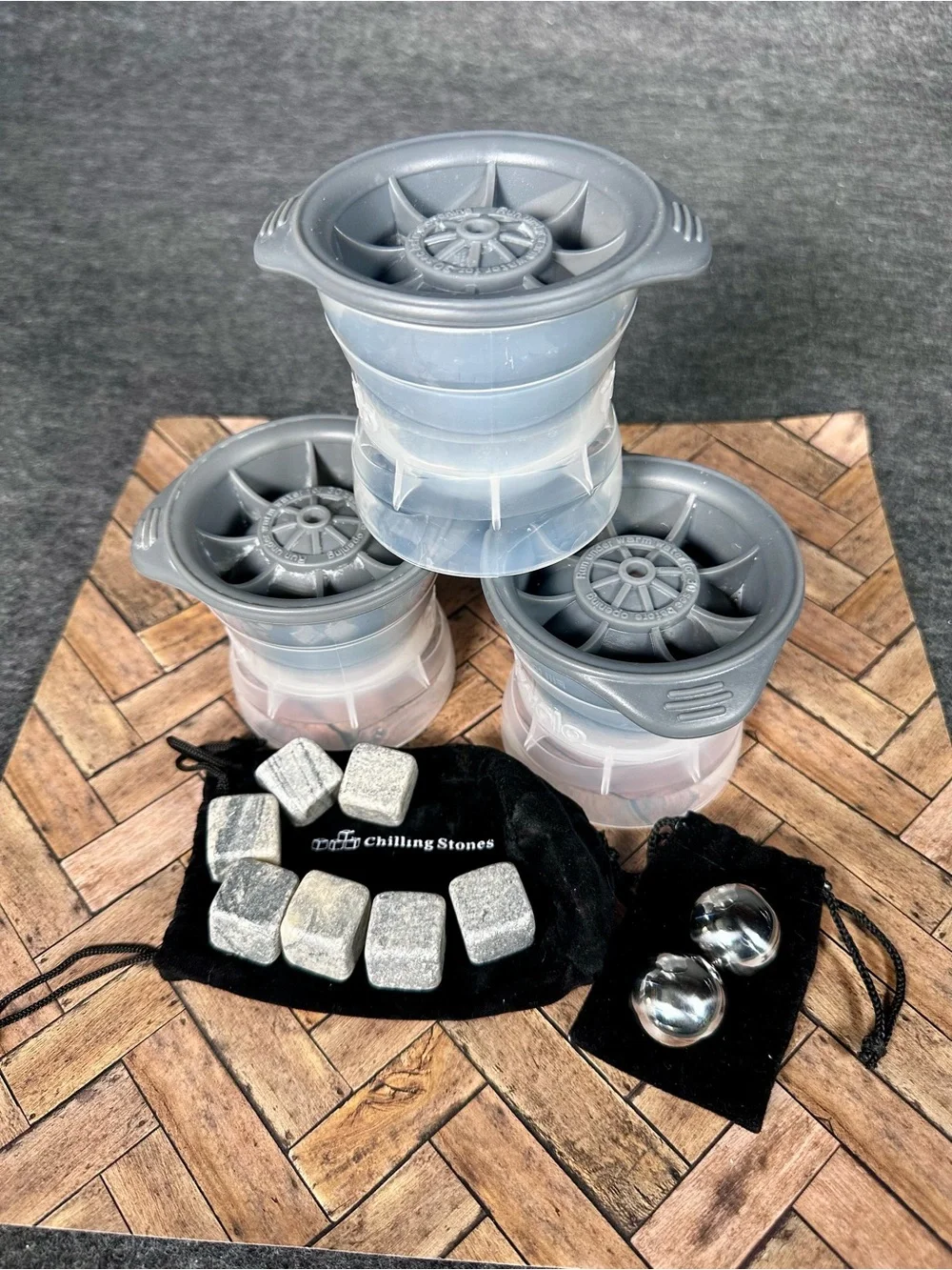 Whiskey & Cocktail Chilling Set – 3 Large Sphere Ice Molds, Chilling Stones